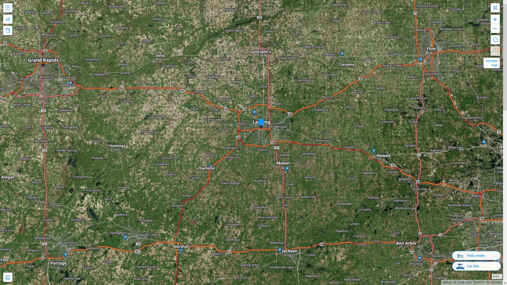 Lansing Michigan Highway and Road Map with Satellite View